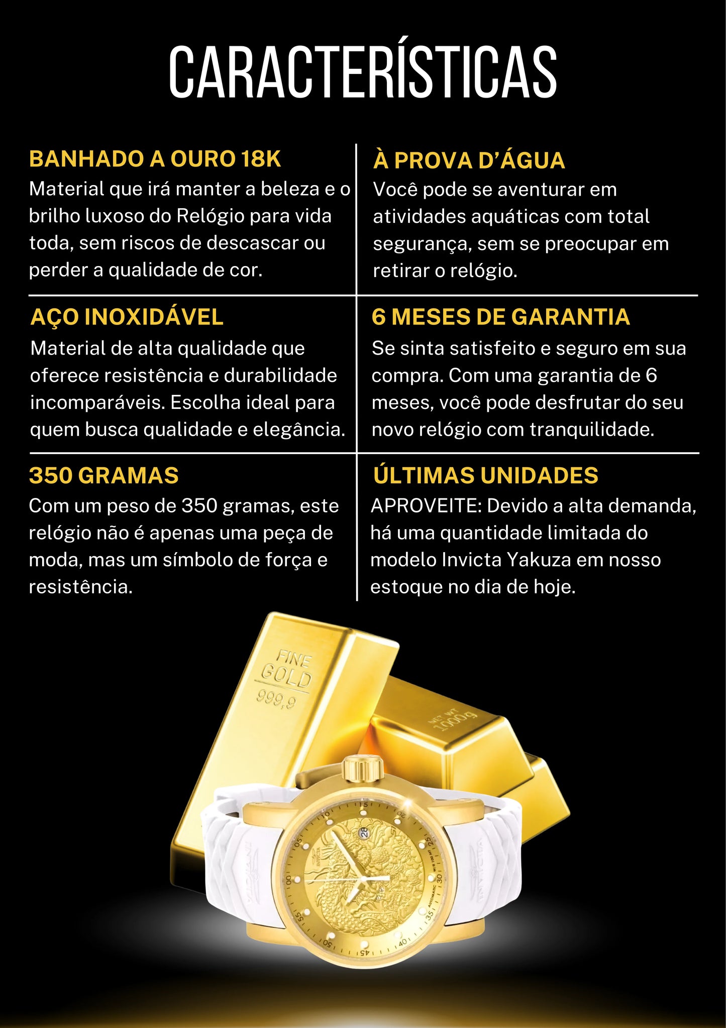Invicta Yakuza Banhado a Prata e Ouro 18K A Prova D'água